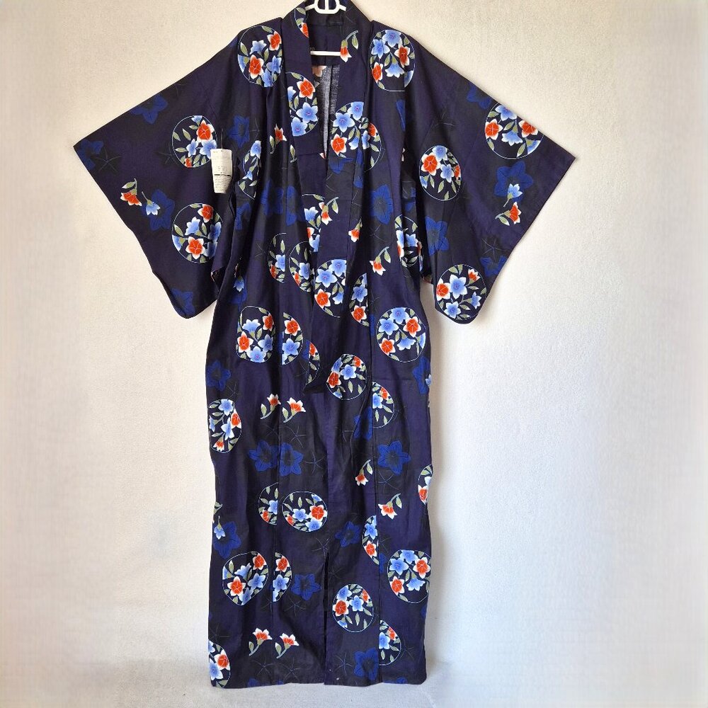 NWT Pret A Porter Floral Japanese Yukata Kimono Robe Cotton Blue *No Belt*